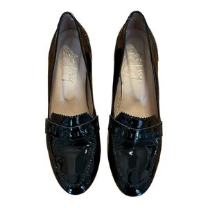 FS NY Classic Black Patent Leather Round-Toe Loafer Heels for Women SZ 8